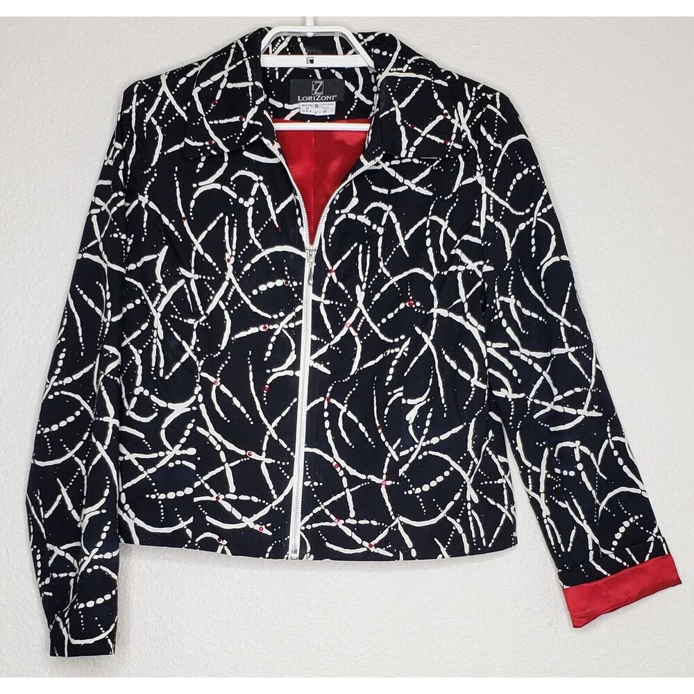 LoriZoni Jacket Small Black White‎ Red Stud Shoulder Pad Collared Zip Front